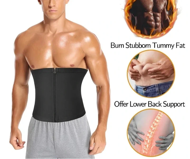 A muscular man wearing a black waist trainer shaper belt over gray shorts, shown on a white background with promotional text and three circular inset graphics about sweat, tummy fat, and lower back support. The Qtree logo appears in the top left.